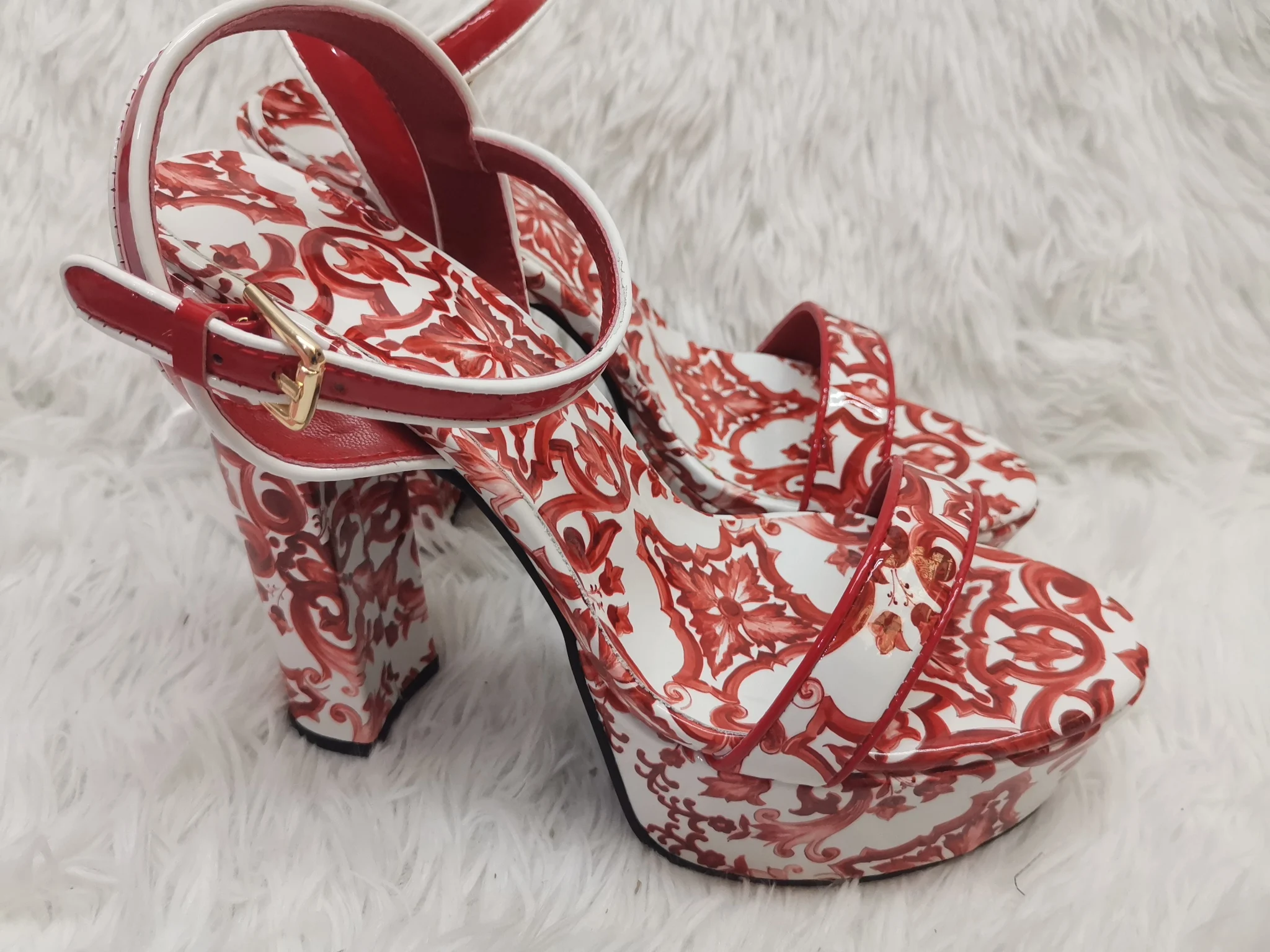 Red Print Waterproof Platform Chunky Heels Sandals for Women 14Cm Open Toe High Heels One Belt Buckle Strap Boho Vacation Shoes