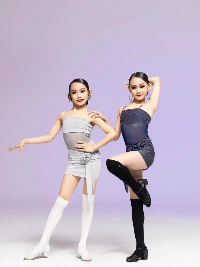 여아용 라틴 댄스 드레스 세트, 홀터 메쉬 스커트, 2025 여름 신상 차차 삼바 룸바 댄스 트레이닝 공연 의상