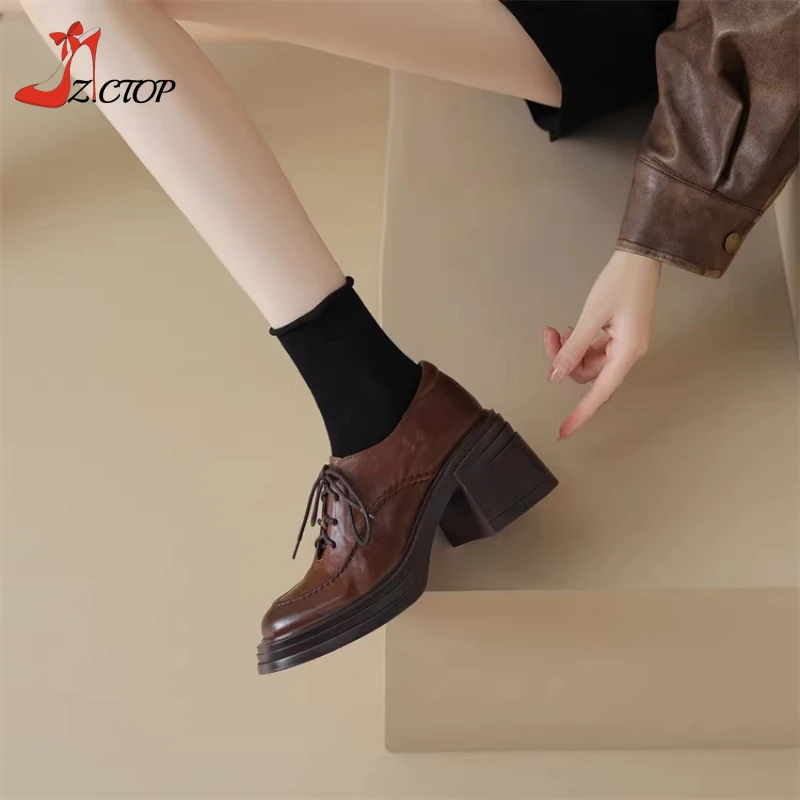 حذاء نسائي ريترو بدون كعب على الطراز البريطاني حذاء ماري جين بكعب عالٍ برباط من الجلد حذاء موحد بني وأسود