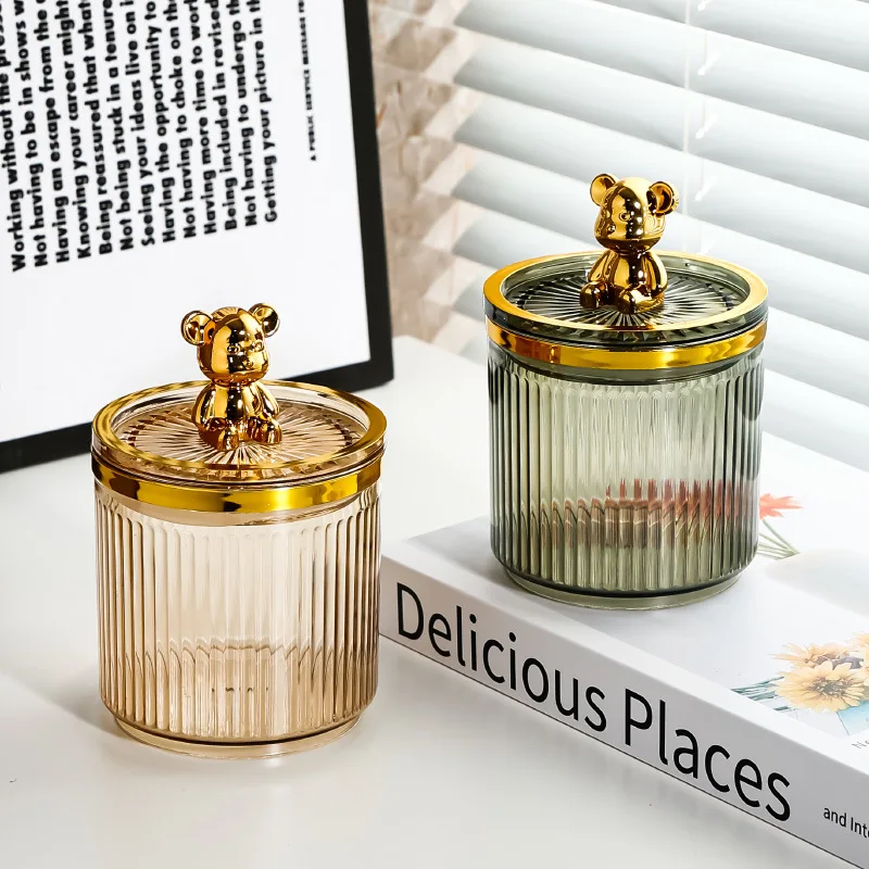 Gold-plated Bear Cotton Swab Box Acrylic Storage Cylinder Transparent Storage Jar Jewelry Candy Jar Storage Container Home Decor