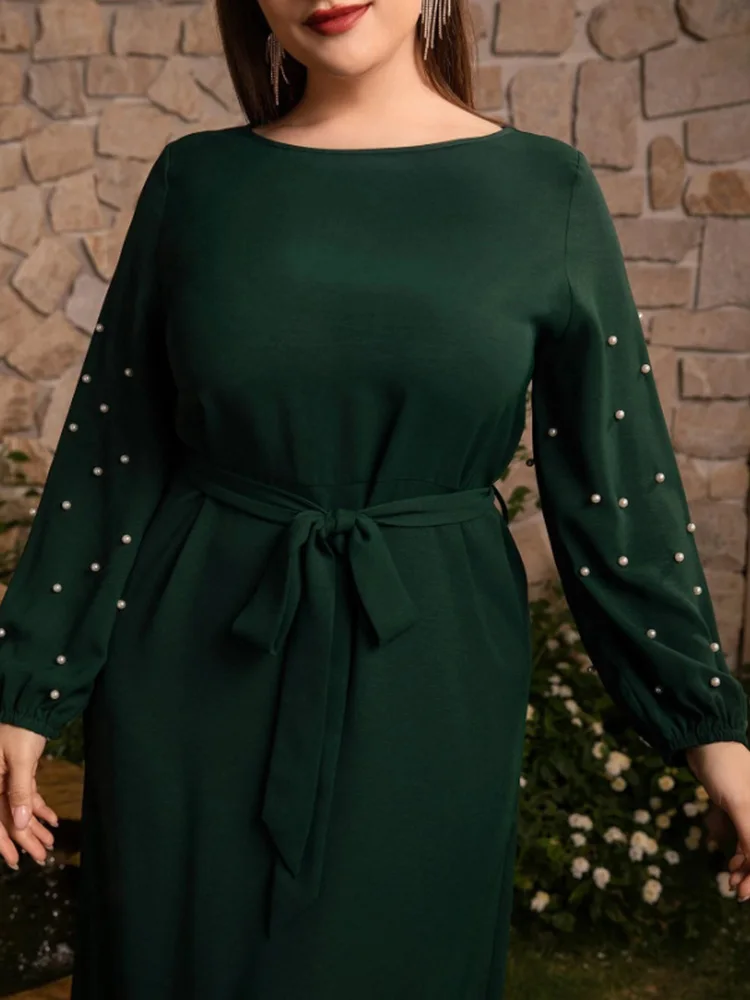 GIBSIE Plus Size Pearl Beaded Lantern Sleeve Belted Dress Women Autumn Solid Elegant O-Neck A-line Maxi Dresses 2024 New