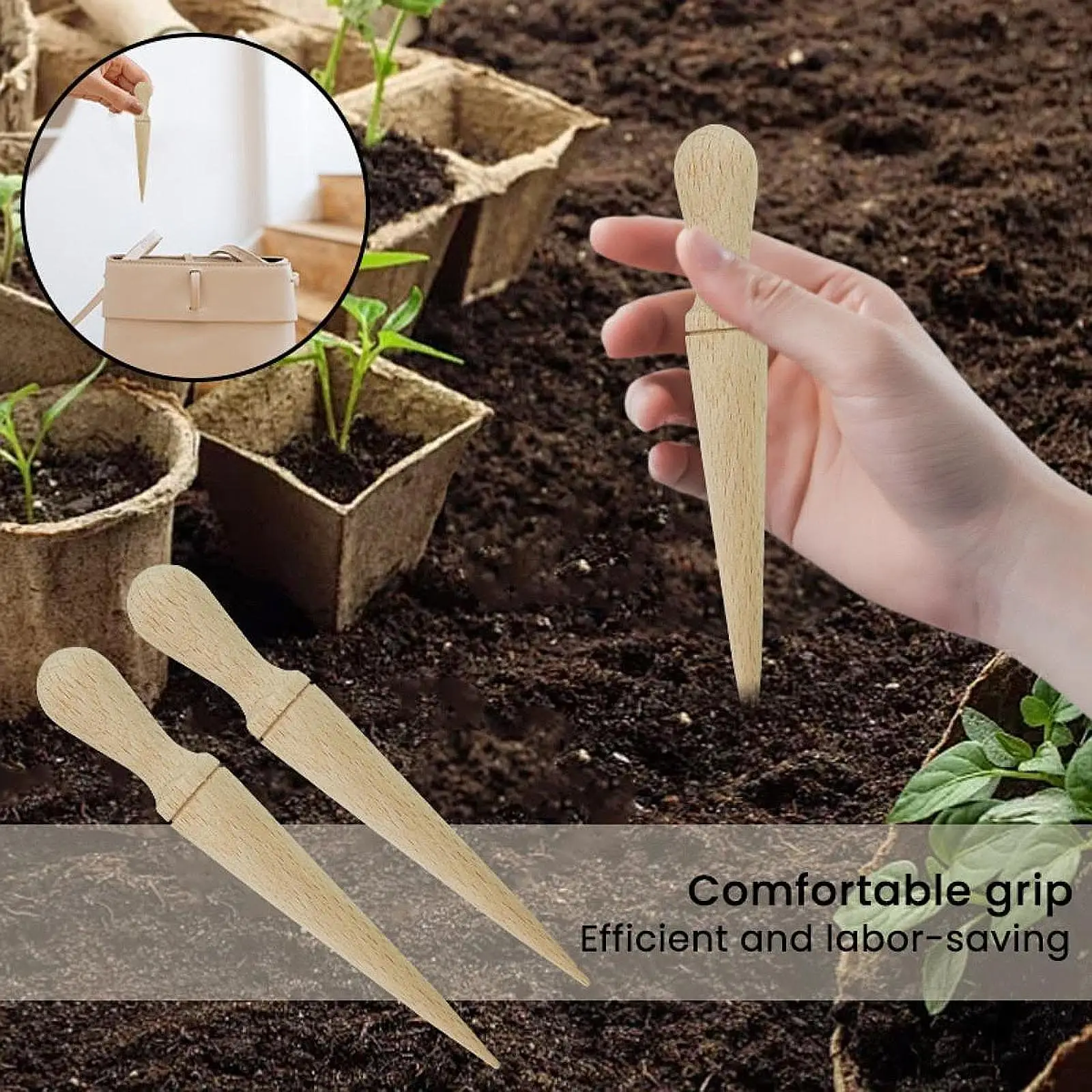 

Hand Hold Sowing Seeds Dispenser,Handheld Bulb Planter,Wooden Ergonomic Handle Garden Hand Dibber for Gardening Vegetable