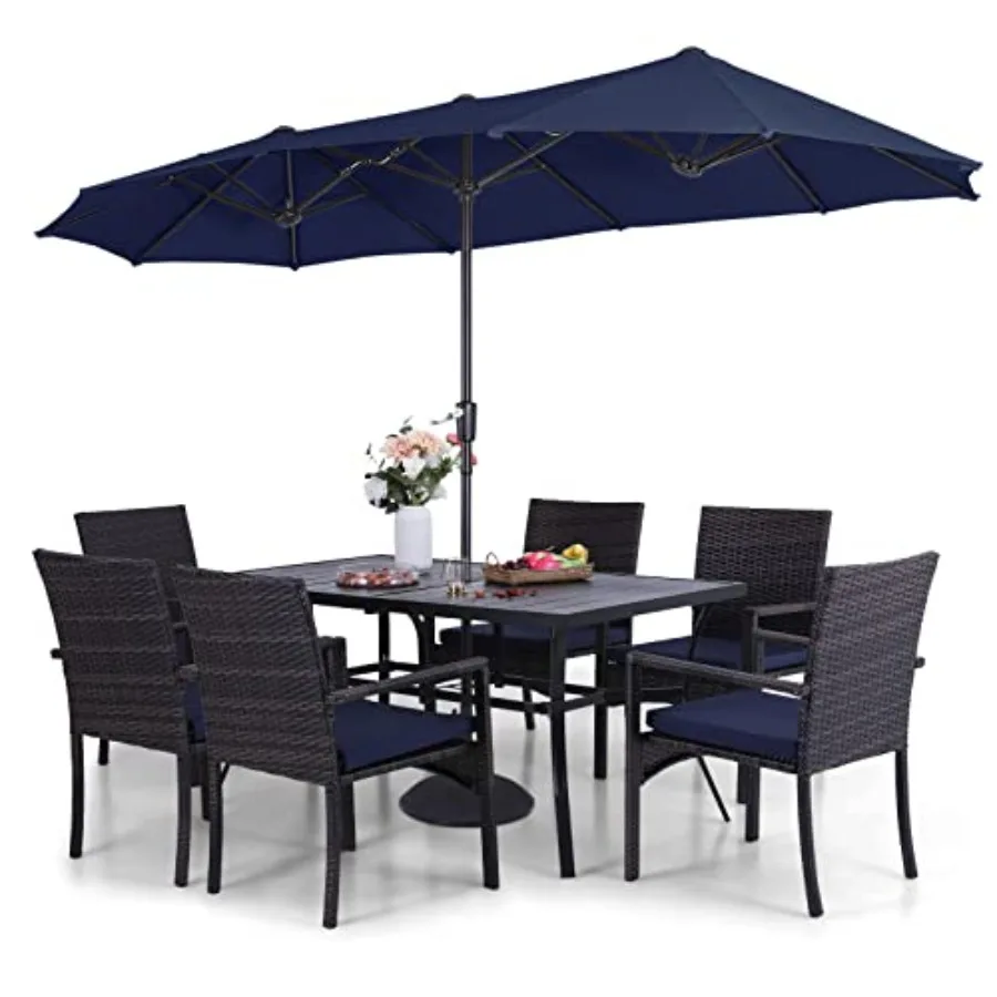 

Navy Metal Patio Dining Set for 6 with Umbrella 7-Piece Outdoor Table and Chairs Set with Hole Cushioned Rattan Chairs for Back