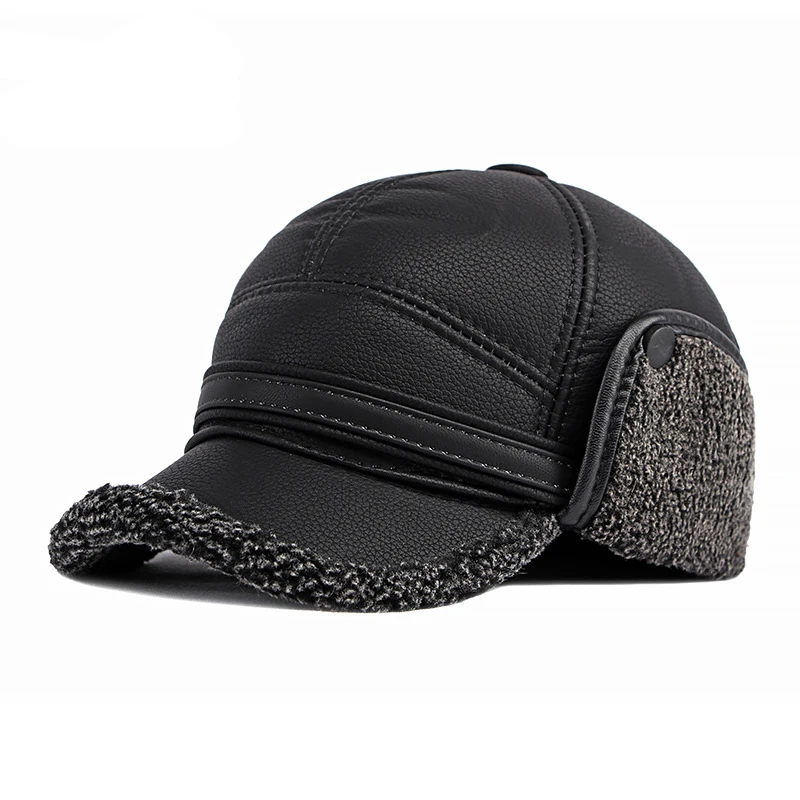 Casquette de baseball en cuir PU pour homme, chapeau de bombardier avec oreillettes, chapeau Trared russe, coupe-vent chaud, elchef du milieu,