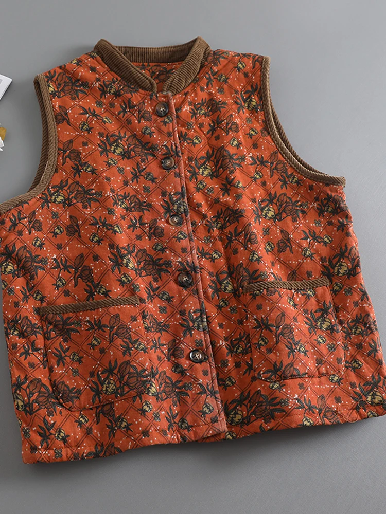 Retro Floral Cotton Linen Women Vest Coat 2024 New Autumn Winter All Match Quilted Waistcoat Thick Warm Sleeveless Jackets