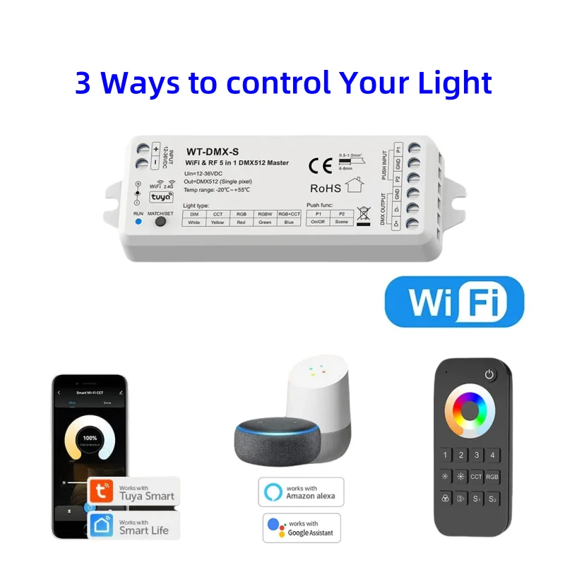 WT-DMX-S 5 in1 Tuya WiFi RF DMX512 Master 5CH DMX Signal Output and RT5 Push Dimming Voice Smart Control 4Zone Remote Controller