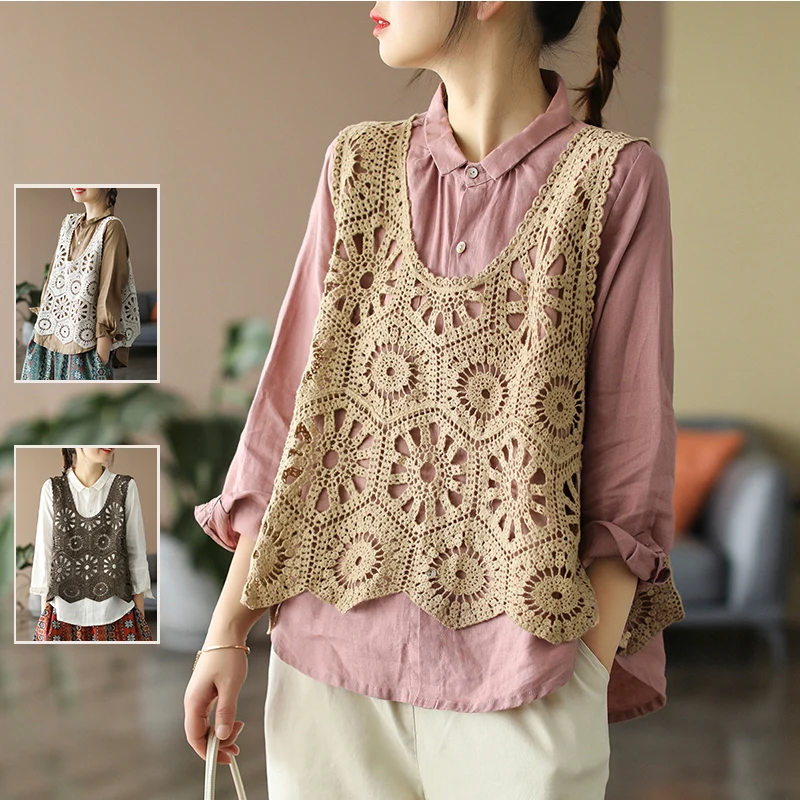 

Women's Loose Knitted Hollow out Vest Top Color Pure Wave Svel Outerwear Faion Versatile Spring Season Color