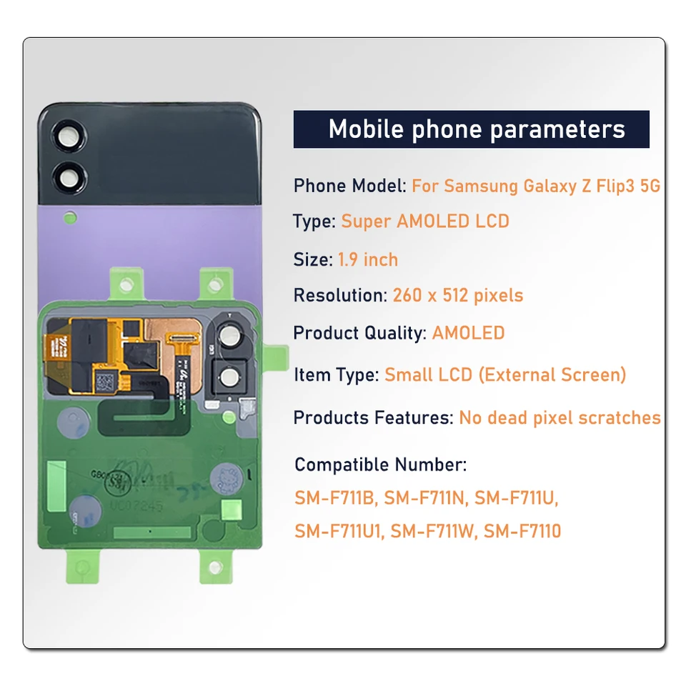 Pantalla externa AMOLED de 1.9" para Samsung Z Flip3 5G, LCD pequeño SM-F711 SM-F711B F711, pantalla táctil digitalizador reemplazo 3
