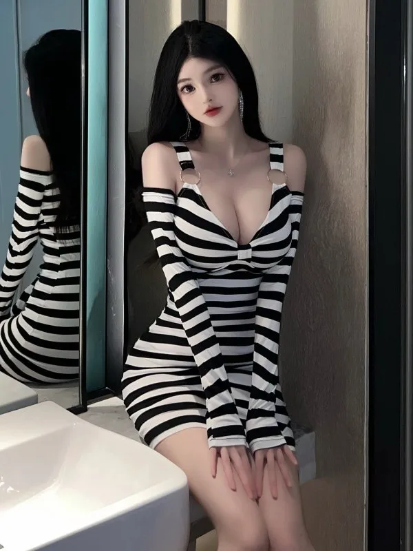 WOMENGAGA Nightclub Sexy Spicy Girl Stripe Design Long Sleeve Off Shoulder V-Neck Low Cut Short Tight Dress Elegant Sweet I3Z5