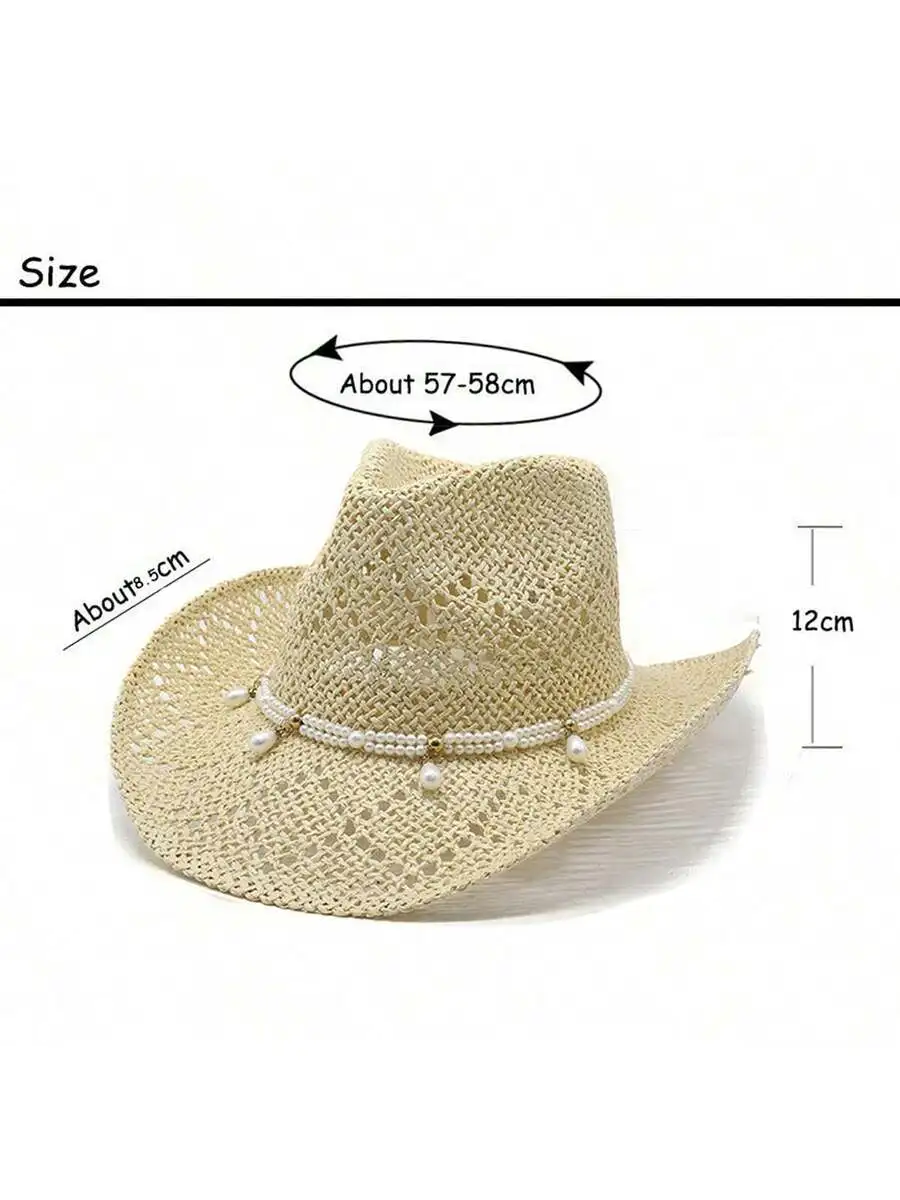 

Women Straw Cowgirl Hat With Pearl Belt For Beach Holiday Hiking