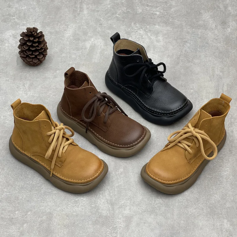 2026 Handmade Vintage Genuine Leather Women Boots Retro First Layer Cowhide Short Boot Wide Toe Lace-up Cotton Linen Style Shoes
