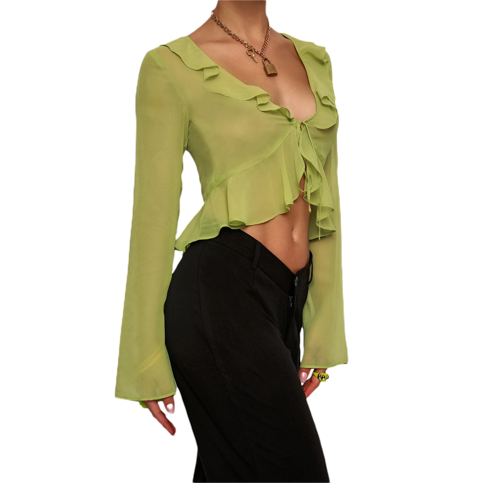 Women  Y2K Sheer Crop Tops, Long Flared Sleeve Deep V Neck Pleated Hem Tops for Summer Pub, Women Clothing