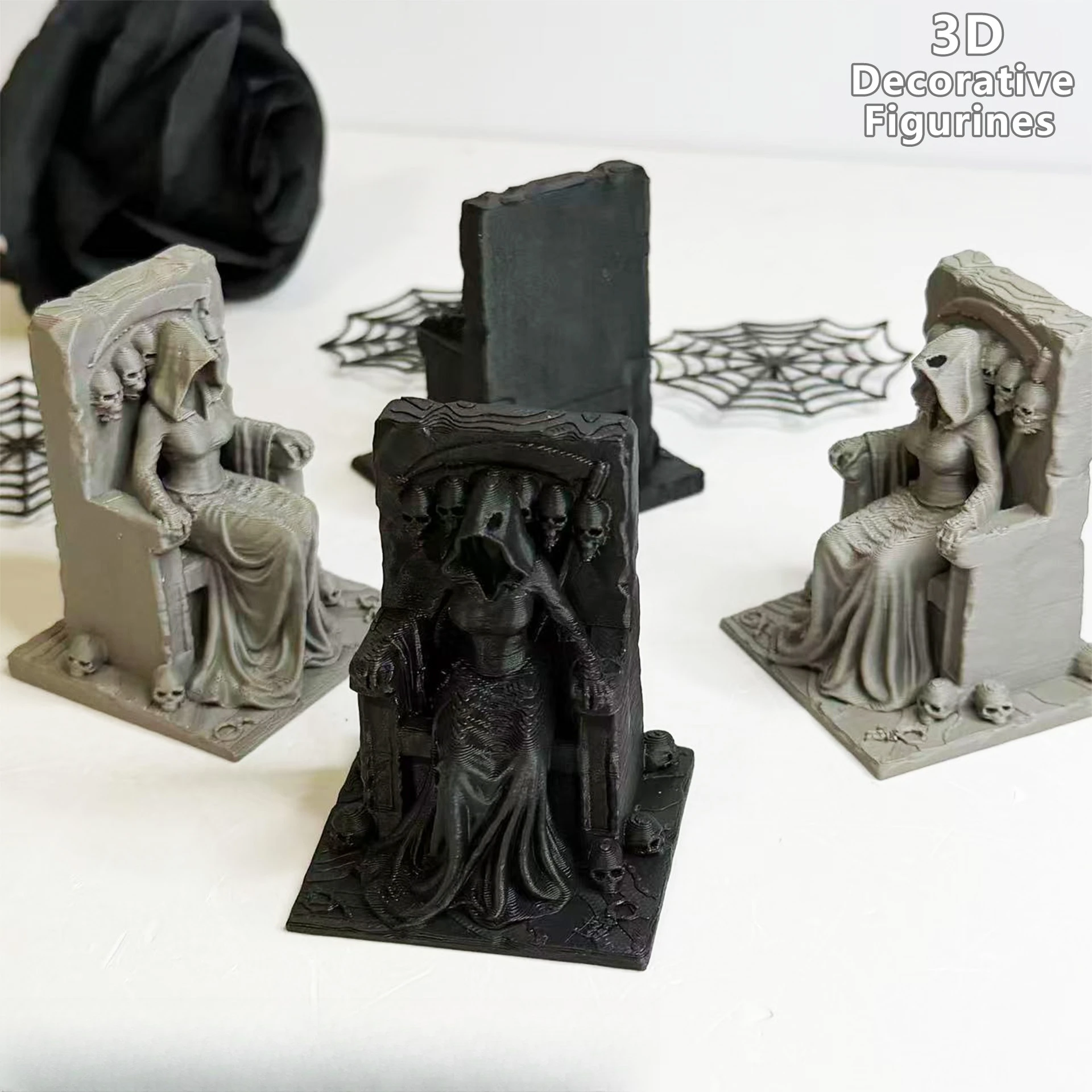 Grim Reaper Witch Throne Figurine 3D Printed Gothic Skull Statue Dark Fantasy Miniature Ornament Terrain Halloween Desktop Decor