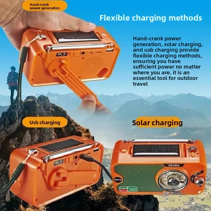 For DEGEN DE618 Emergency Radio, Hand Crank Solar Powered Weather Radio with Bluetooth & TF Card for Outdoor