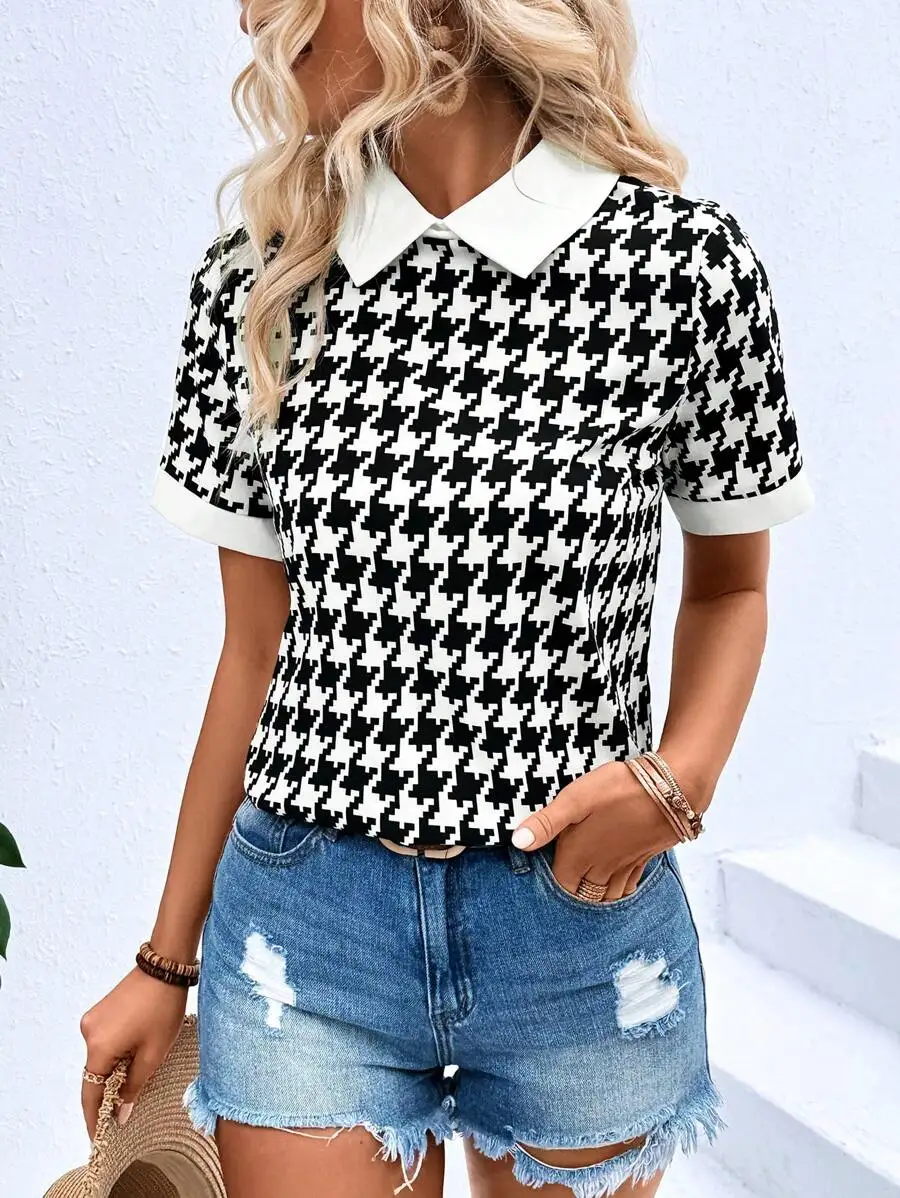 

Женская блузка с коротким рукавом и воротником, с принтом «гусиная лапка» и контрастной отделкой