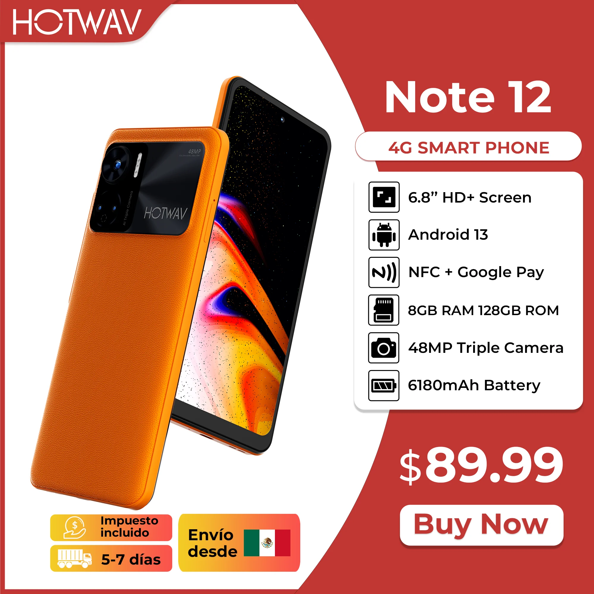 HOTWAV 노트 12 스마트폰, 6.8 인치 HD + 안드로이드 13, 8GB + 128GB 옥타코어 휴대폰, 48MP NFC, 6180mAh, 20W 충전 휴대폰 