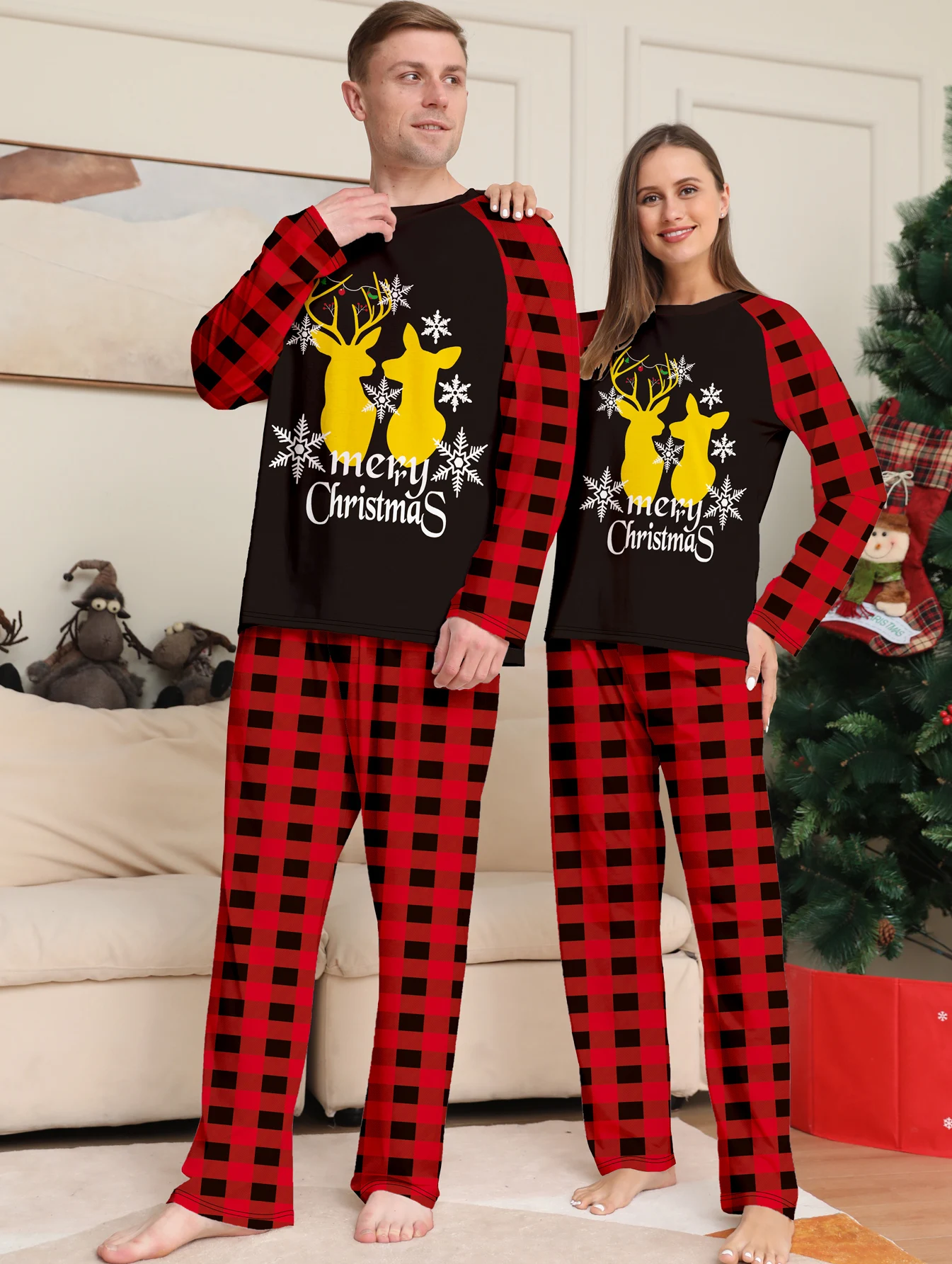 

Christmas Couple Pajamas Set - Raglan Sleeve Black & Red Plaid Reindeer "Merry Christmas" Print Sleepwear