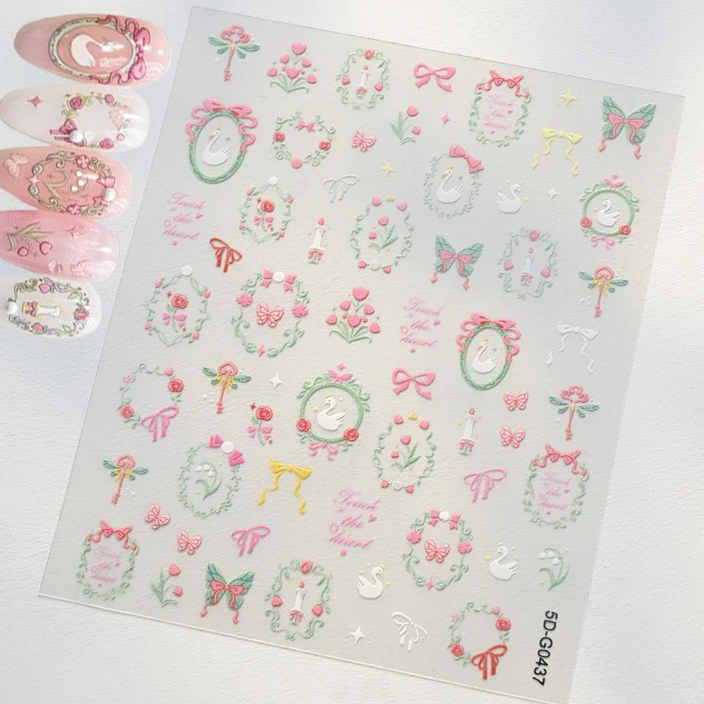 

1Pcs 5D Retro Oil Painting Style Nail Stickers Elegant Swan Flower Frame Bow Nail Decals For Wedding Nail Art Decorations Slider