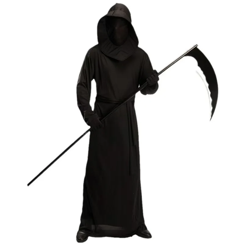 Grim Reaper Cosplay-Kostüm, Unisex, Karneval, schwarze Teufelskleidung, Purim-Party, Geister-Halloween-Robe mit Kapuze, Gürtel, Handschuhen, Outfit – Detail 2