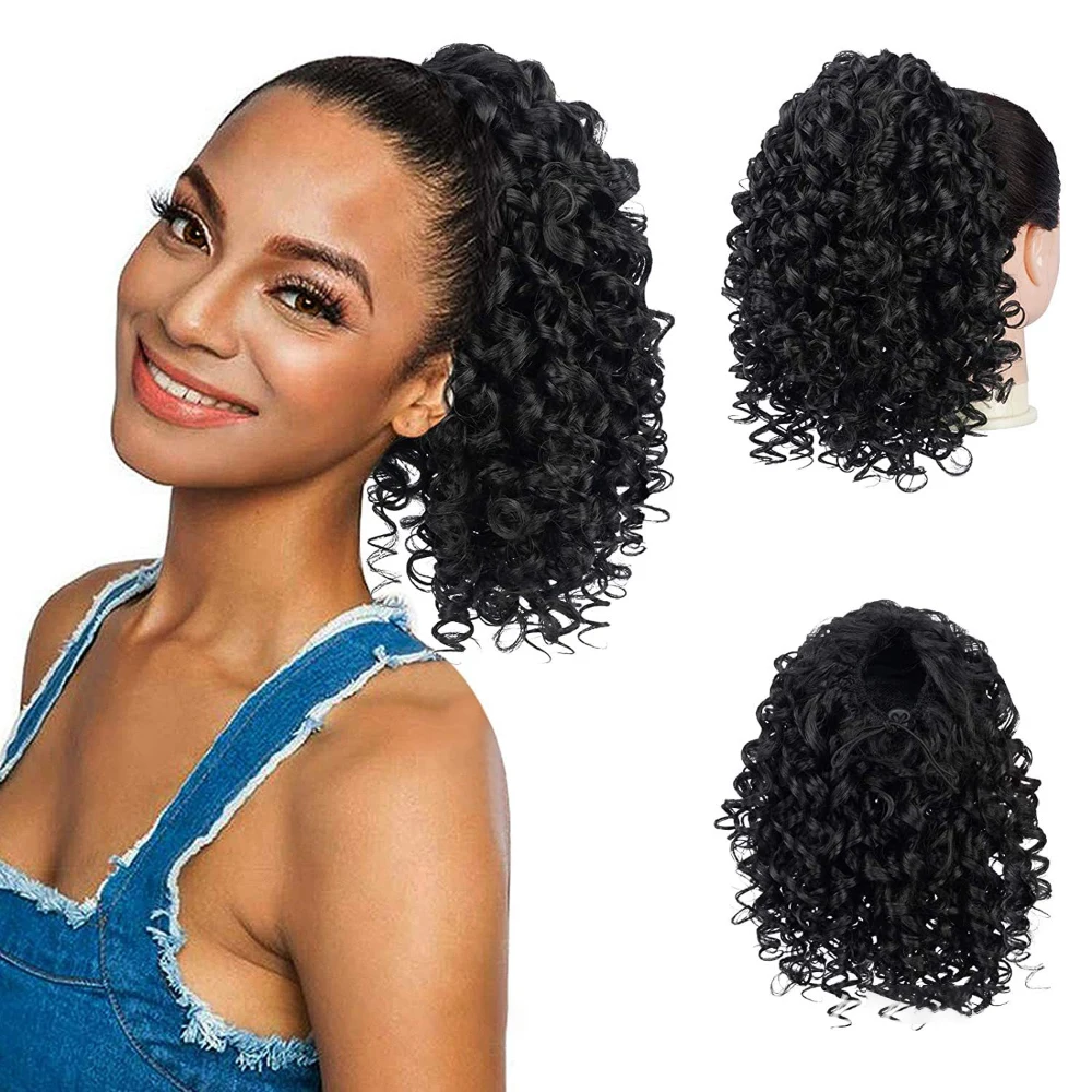 7 Colors Synthetic Drawstring Curly Ponytail Extension for African Women Short Afro Kinky Ponytail Extension 35cm