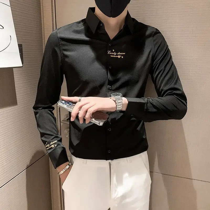 Business Casual Button Embroidery Solid Formal Man Handsome Shirts Spring Summer Thin Turn-down Collar Office Men\'s Clothing