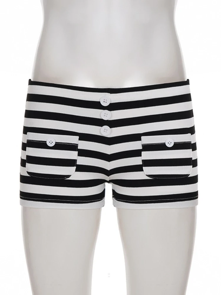 SsTss شورت مخطط منخفض الخصر على طراز الشارع الأمريكي مزين بأزرار سراويل قصيرة ضيقة غير رسمية سراويل نسائية مضلعة مرنة ساخنة