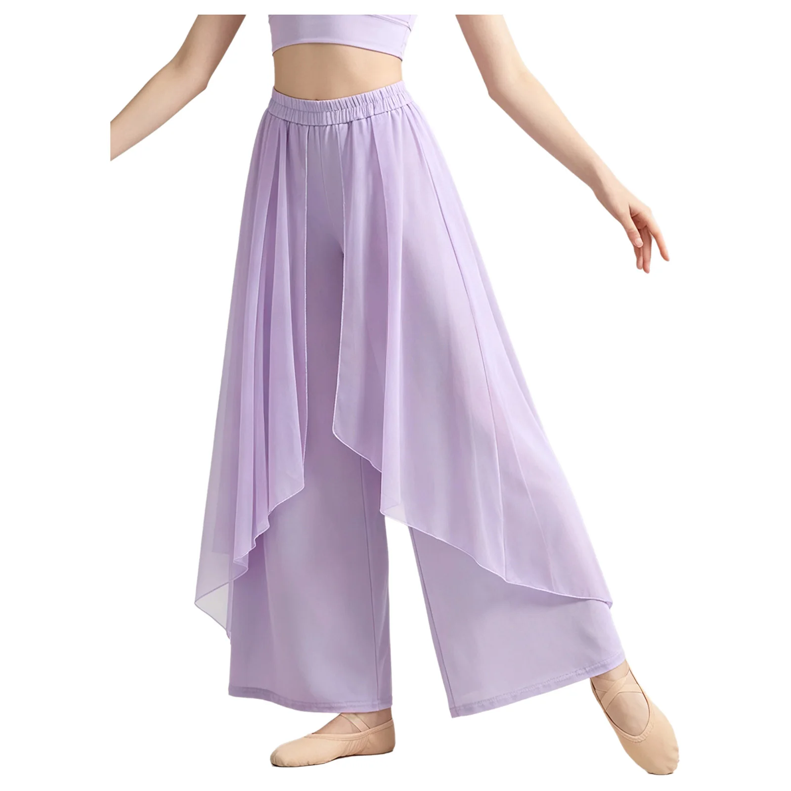 Women Classical Dance Practice Culottes Flowing Leg Pants with Irregular Mesh Layer Dance Trousers for Training Performance