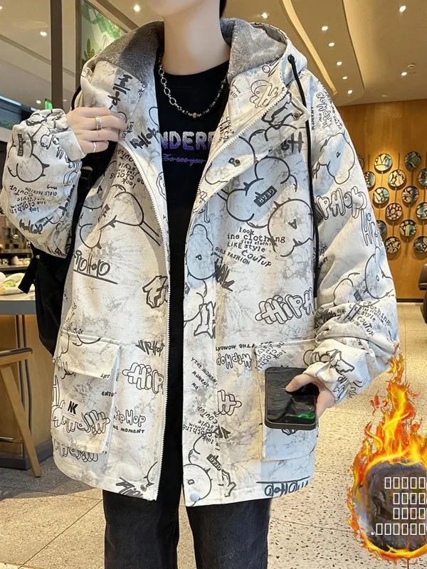 

Men's Fce Lined Thiened Hooded Cotton Jaet Winter Warm Trendy Youth Workwear Jaet Stand Fit Polyester Inner