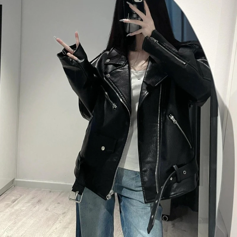 Medium Length Leather Jacket Women's Pre-autumn Biker Leather Jacket Jacket