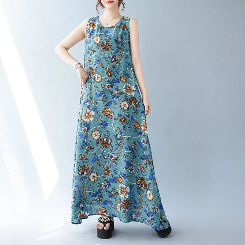 Robe longue bohème pour femmes, grande taille, col rond, imprimé fibre, robe éducative, nouvelle collection été, A438