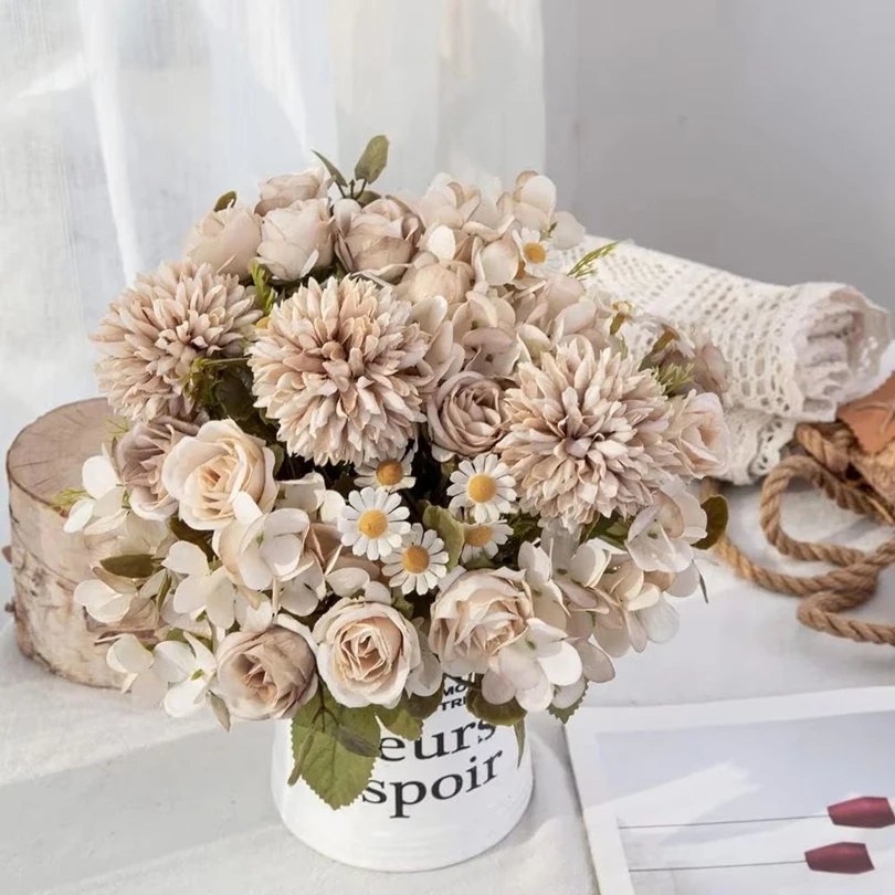1 peça flores artificiais para casamento, decoração para quarto de casa, buquê de noivas, rosas de seda falsas, hortênsias, vaso, presente ao ar livre
