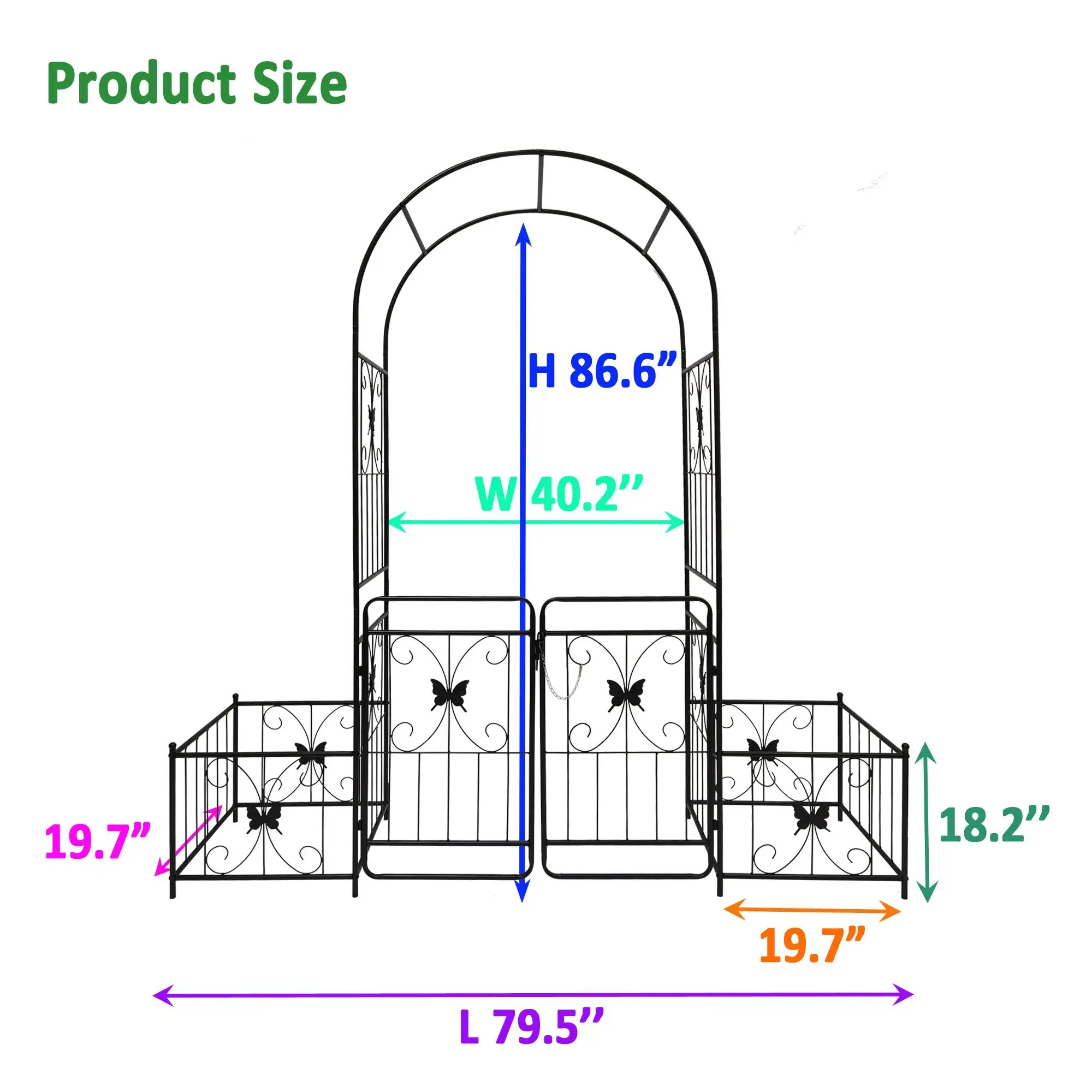 Black Metal Garden Arch with Gate - 79.5'' Wide x 86.6'' High for Climbing Plants and Roses