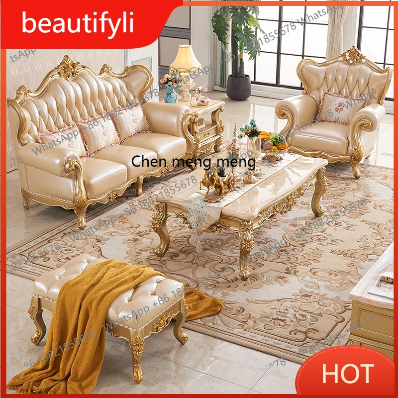 

A139 French solid wood sofa European living room top layer cowhide high-end villa genuine leather luxury gold furniture