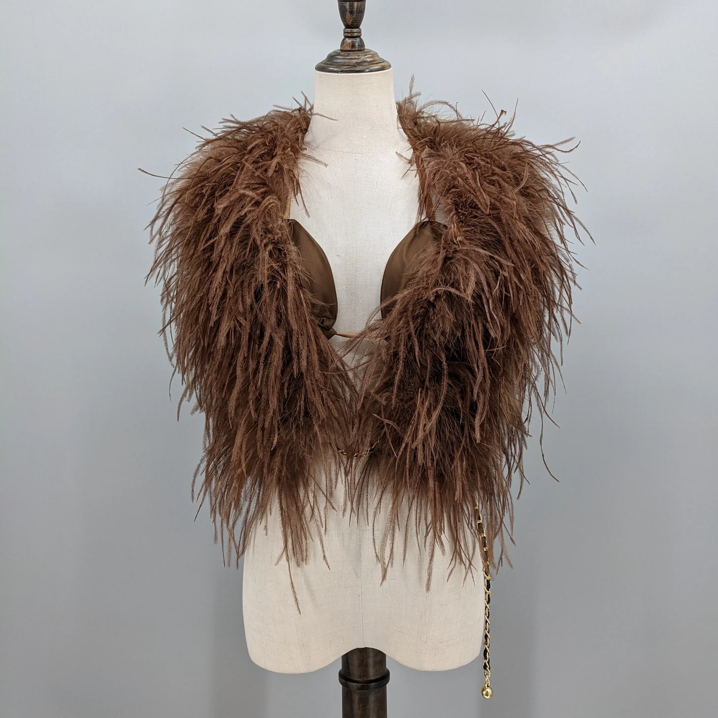 Women Brown Real Ostrich Feather Vest Open Back Tie Up Sleeveless Crop Top Y2K Party Music Festival Outfit 250540