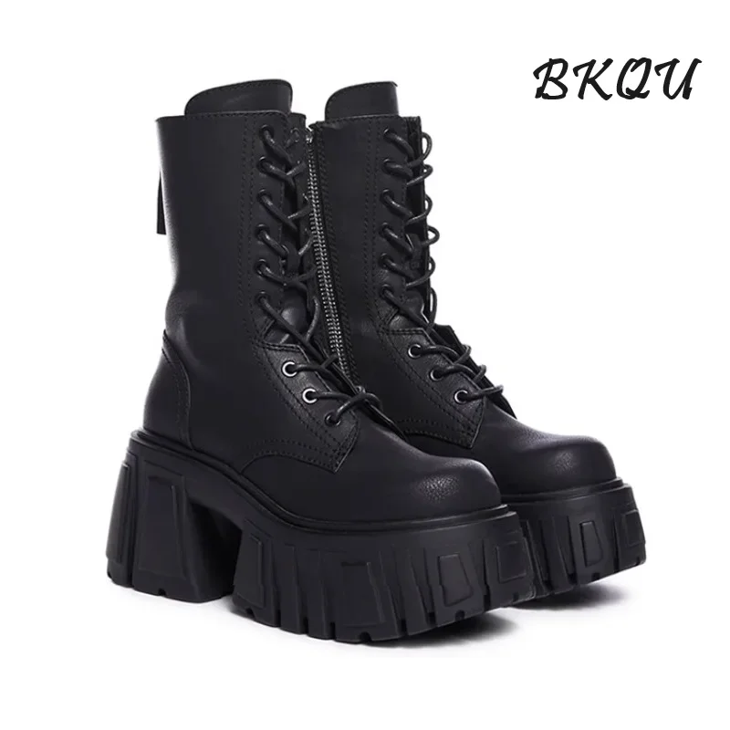 BKQU High Heel Thick Sole Mid-calf Boots for Women Autumn and Winter Small Height Increase Trend Short Happy Chunky Heel Boots