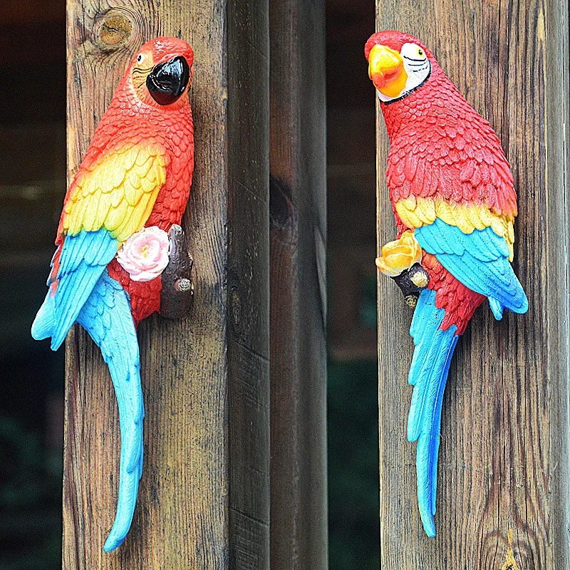 Resin Parrot Statue Wall Mounted DIY Outdoor Garden Tree Decoration Animal Sculpture for Home Office Garden Decor Ornament