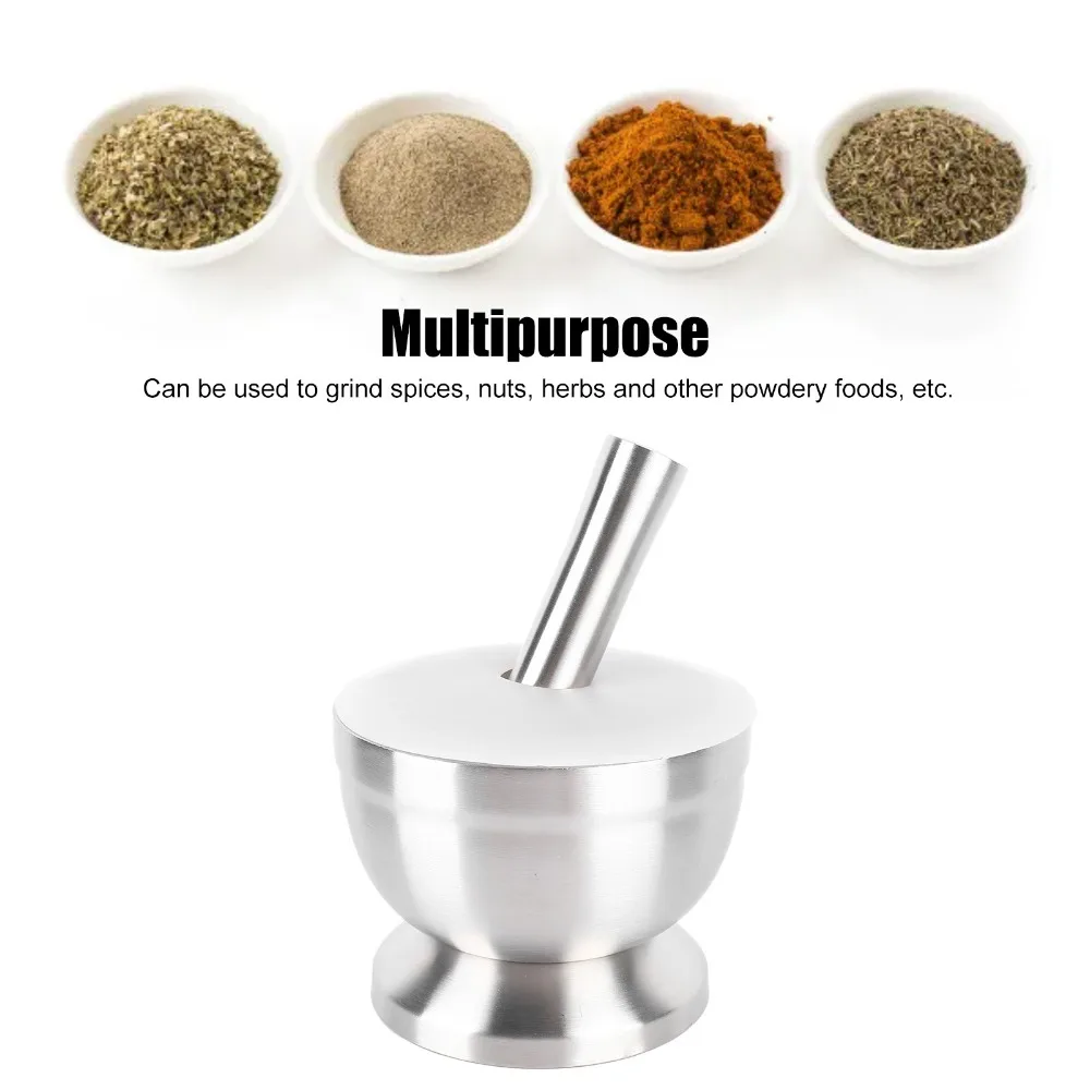 304 Stainless Steel Garlic Mortar Set Antislip Base Silver Spice Grinder Bowl Easy Clean Silicone Lid Mortar and Pestle Set