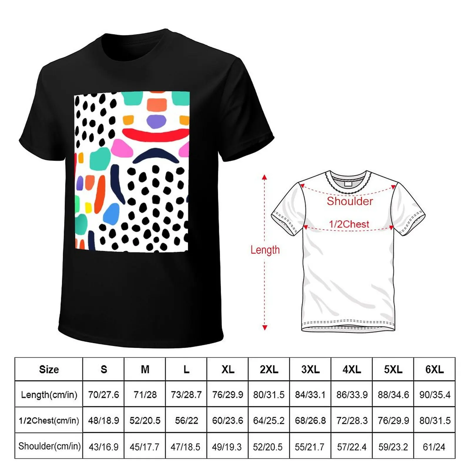 Memphis Style Shapes and Dots, Terrazzo Shapes T-Shirt Simple Line Art Print Tee