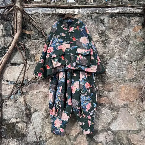 Vintage Ethnic Style Printed Cotton Linen Quilted Thick Jacket + Harem Pants Plus Size Loose Suit Women Winter Pant Set JLJ573