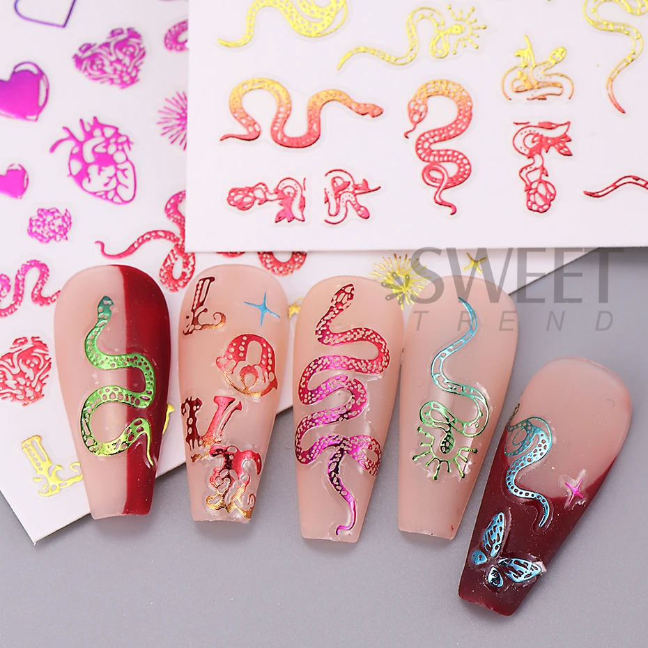 3D Gold Snake Nail Stickers Metallic Holografische Kleurrijke Snake Zelfklevende Sliders Voor DIY Nail Art Decoratie Winter Decals Folie