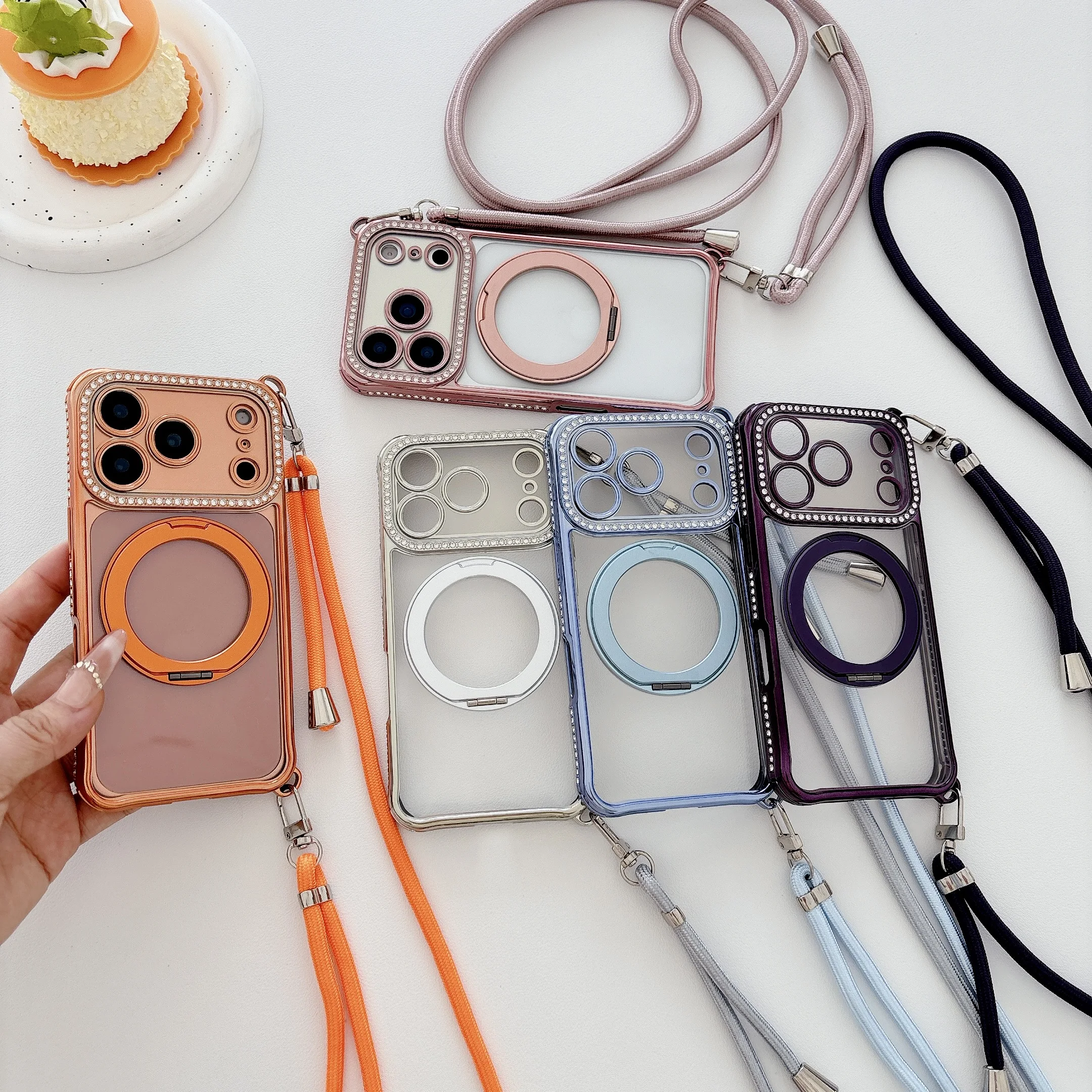 Crossbody Lanyard Magnetic Case For iPhone 17 16 15 13 14 Plus Pro Max 360 Rotating Ring Holder Bracket Diamond Protection Cover
