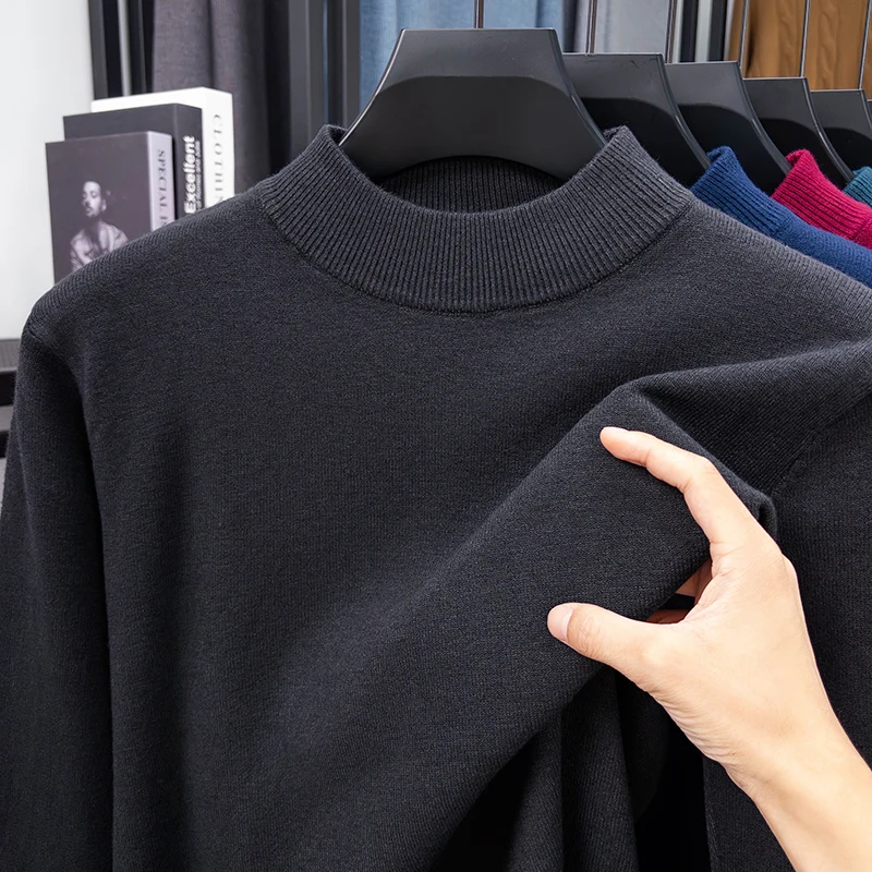 

Spring Hot High-End Man Long-Sleeved Knitwear Mock Neck Solid Color Base Layer Pullover Warm Fashion Leisure Versatile Mens Wear