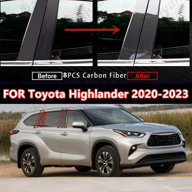 Carbon Fiber Pillar Posts Covers Door Trim 8PCS FOR Toyota Highlander 2020-2023