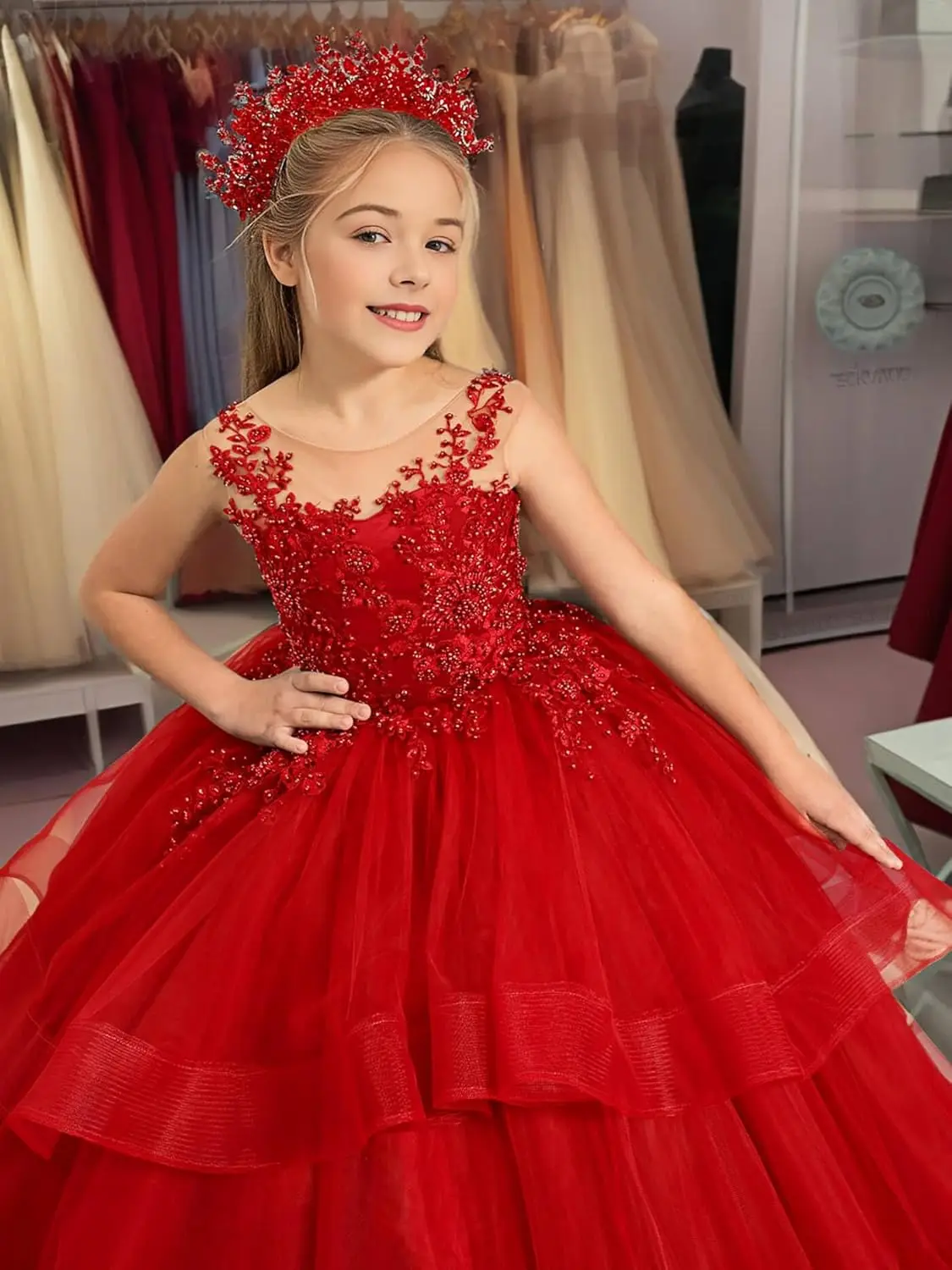 Gaun Pesta Anak Perempuan Model Ball Gown Berlapis Tulle dengan Motif Bunga Gaun Pernikahan Elegan Gaun Pengiring Pengantin untuk Acara Spesial