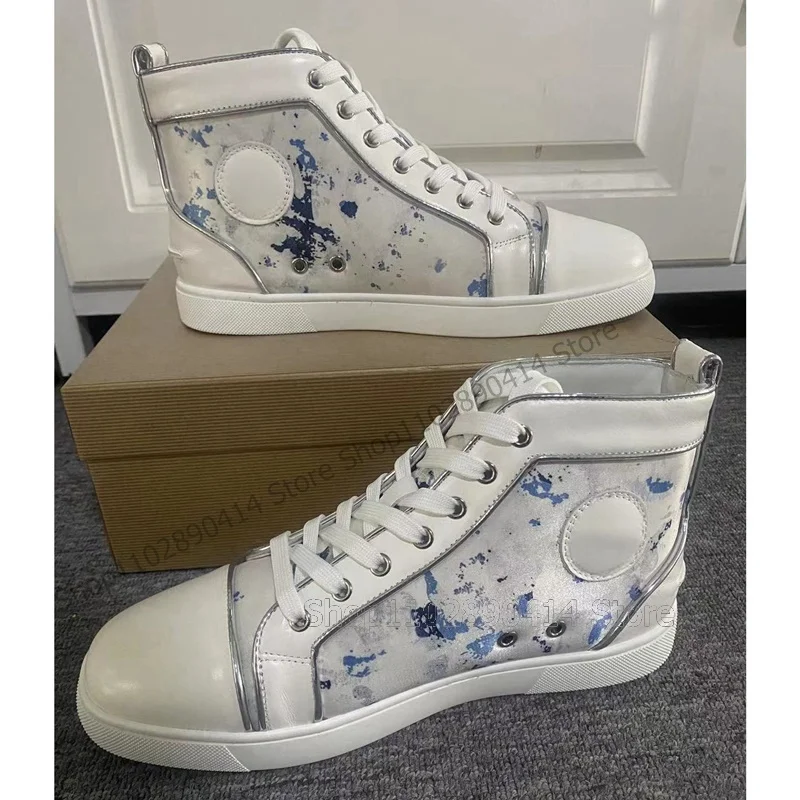 

Ink Printing Design White Sole High Top Men Sneakers Fashion Cross Tied Men Shoes Luxury Handmade Party Banquet Men Casual Shoes