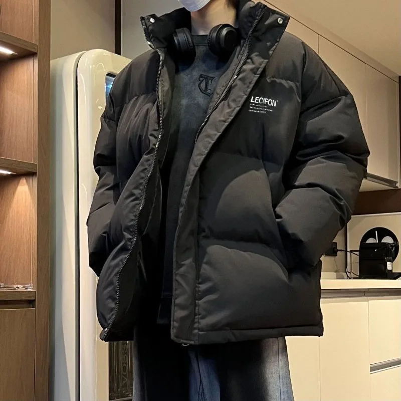 ​Trendy Men's Winter Cotton Jacket 2025​  Hong Kong Inspired Loose Print Coat Unisex Streetwear Outerwear with Zip Closure