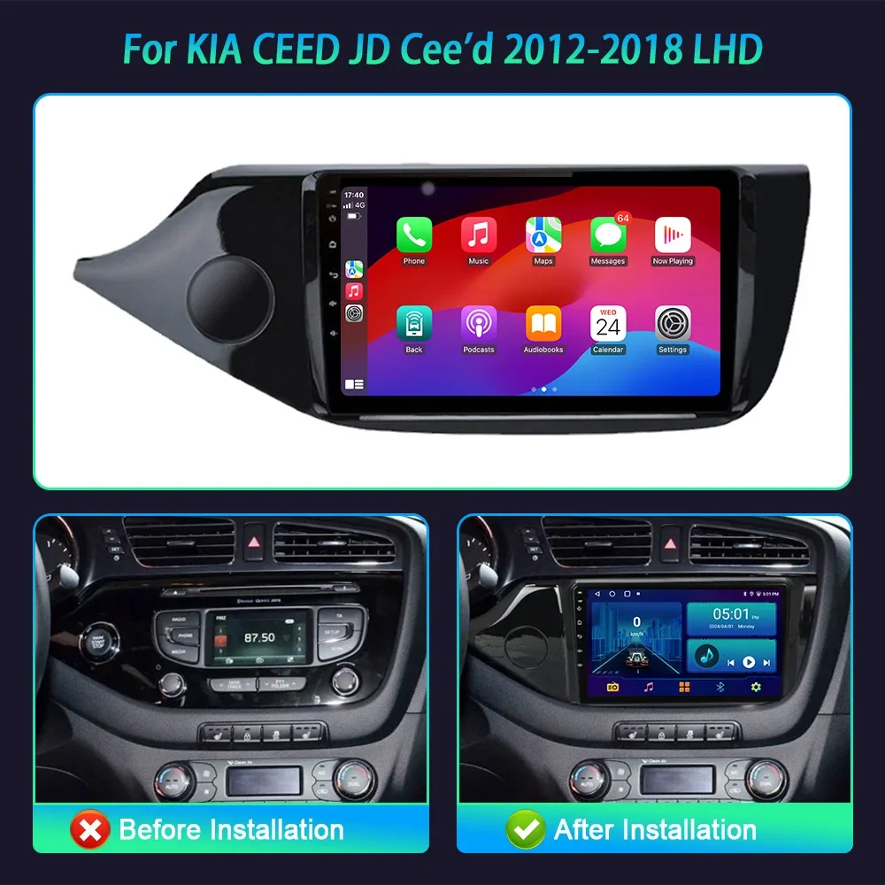 For KIA CEED JD Cee'd 2012-2018 Left Hand Drive Black Android 14 Car Radio Multimedia Player Navigation Carplay Bluetooth Screen