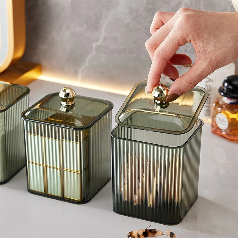 Caja de almacenamiento de algodón transparente, organizador de lápiz labial de maquillaje de escritorio con tapa, joyero a prueba de polvo, estuche para hisopo de baño