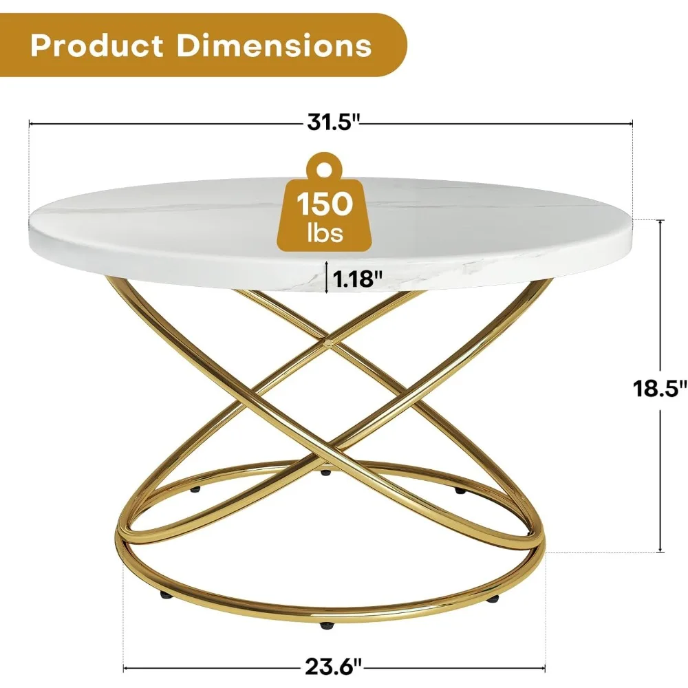 طاولة قهوة مستديرة لغرفة المعيشة، طاولات قهوة رائعة من الرخام الصناعي مقاس 31.5 بوصة بإطار ذهبي، طاولة مركزية حديثة f