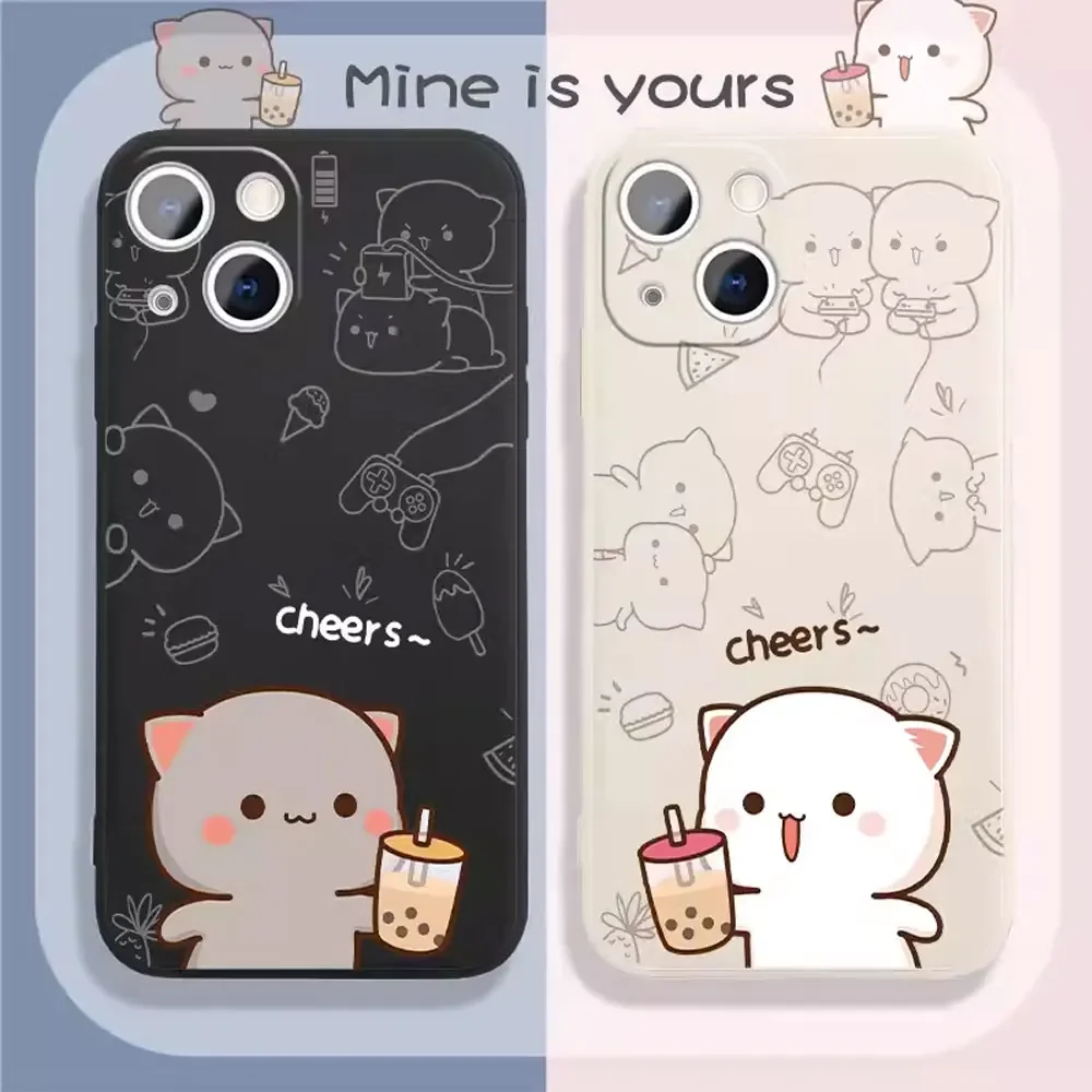 Cartoon Peach Mochi Cat Couple Phone Case for IPhone 15 14 13 12 11 Pro Mini X XR XS MAX 7 8 Plus Cute Animal Paired Soft Covers